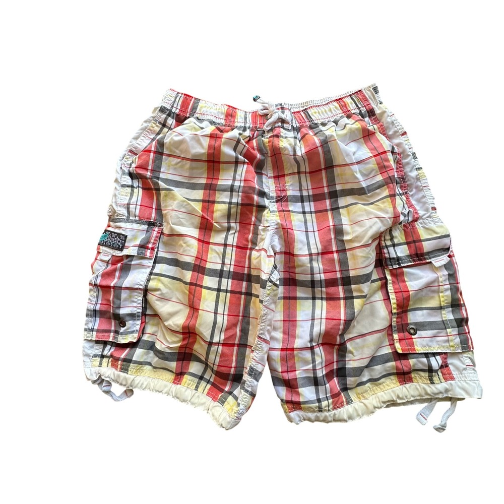 Banana Split USA Mens XL Plaid Cargo Board Shorts Red Yellow White Swim Trunks